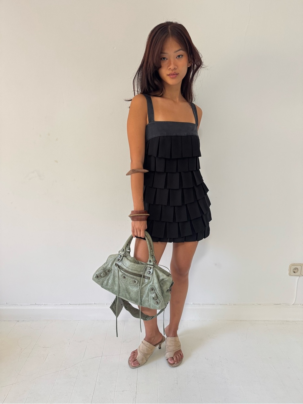 Blumarine Black Tiered Mini Dress with Square Neck